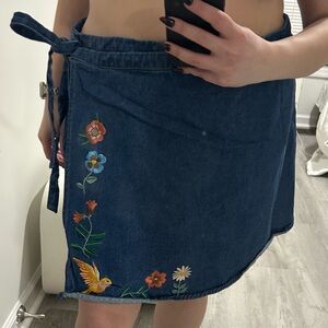embroidered wrap mini denim skirt